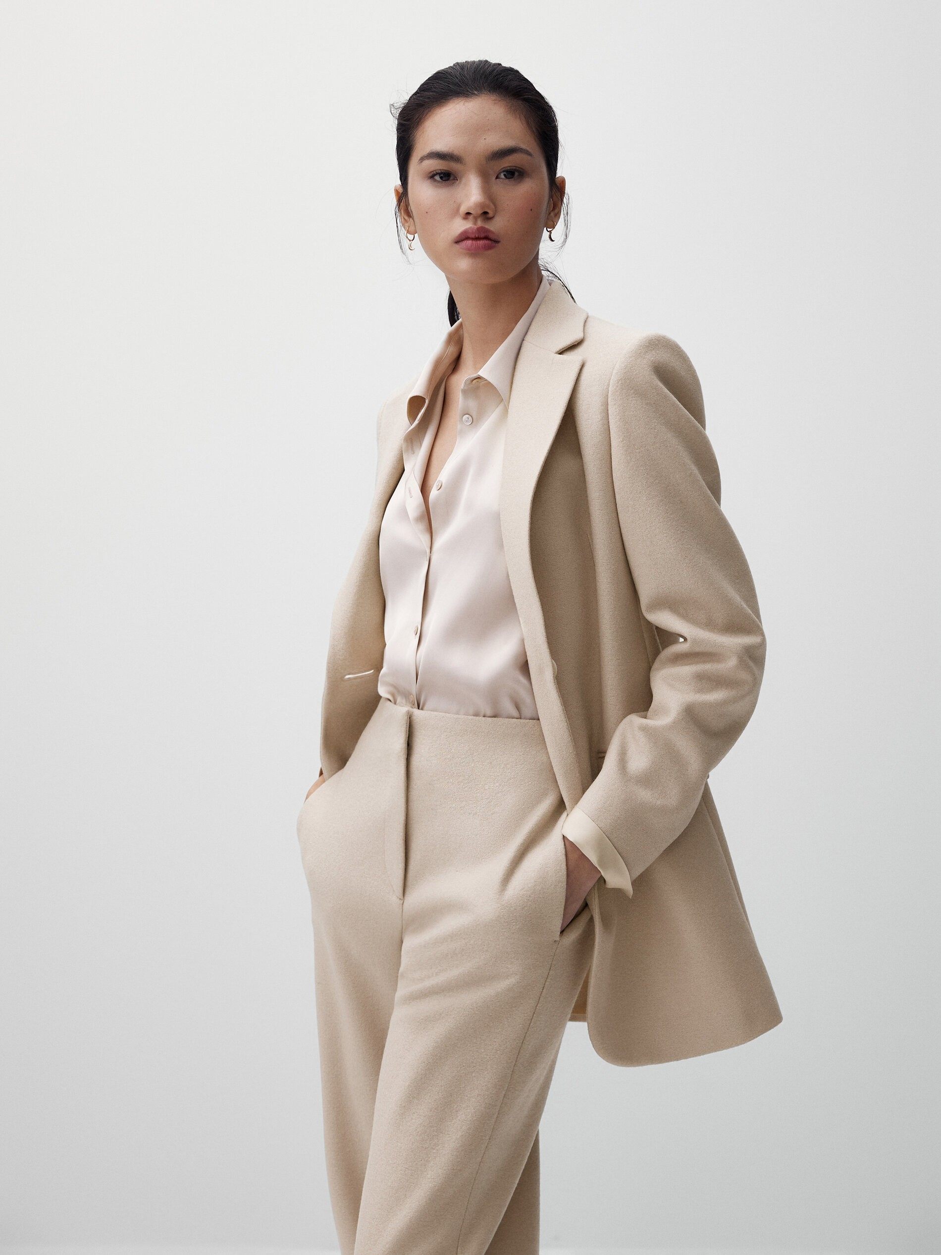 massimo dutti女装 2022新款浅米色女士一粒扣羊毛西装外套女通勤