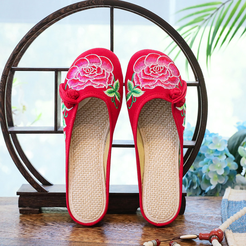 民族风绣花拖鞋北京布鞋女士休闲夏季散步逛街帆布鞋