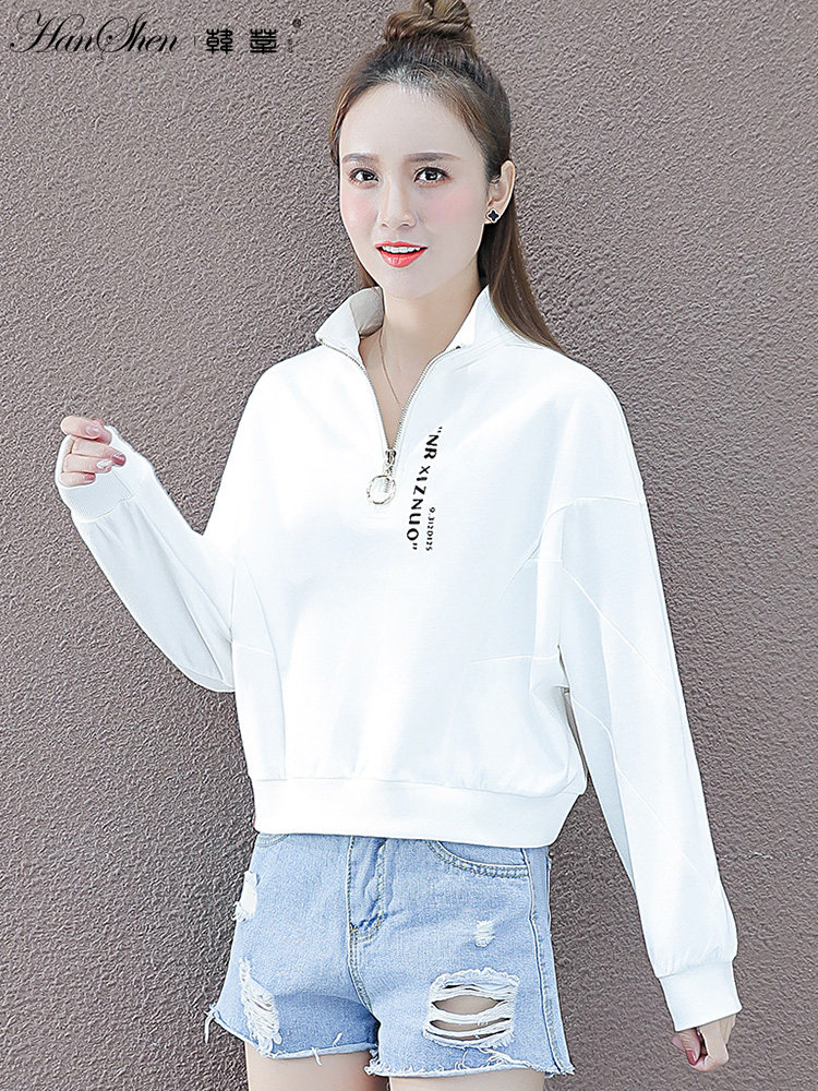 纯棉短款卫衣女白色2021年新款春秋薄款宽松半拉卫衣