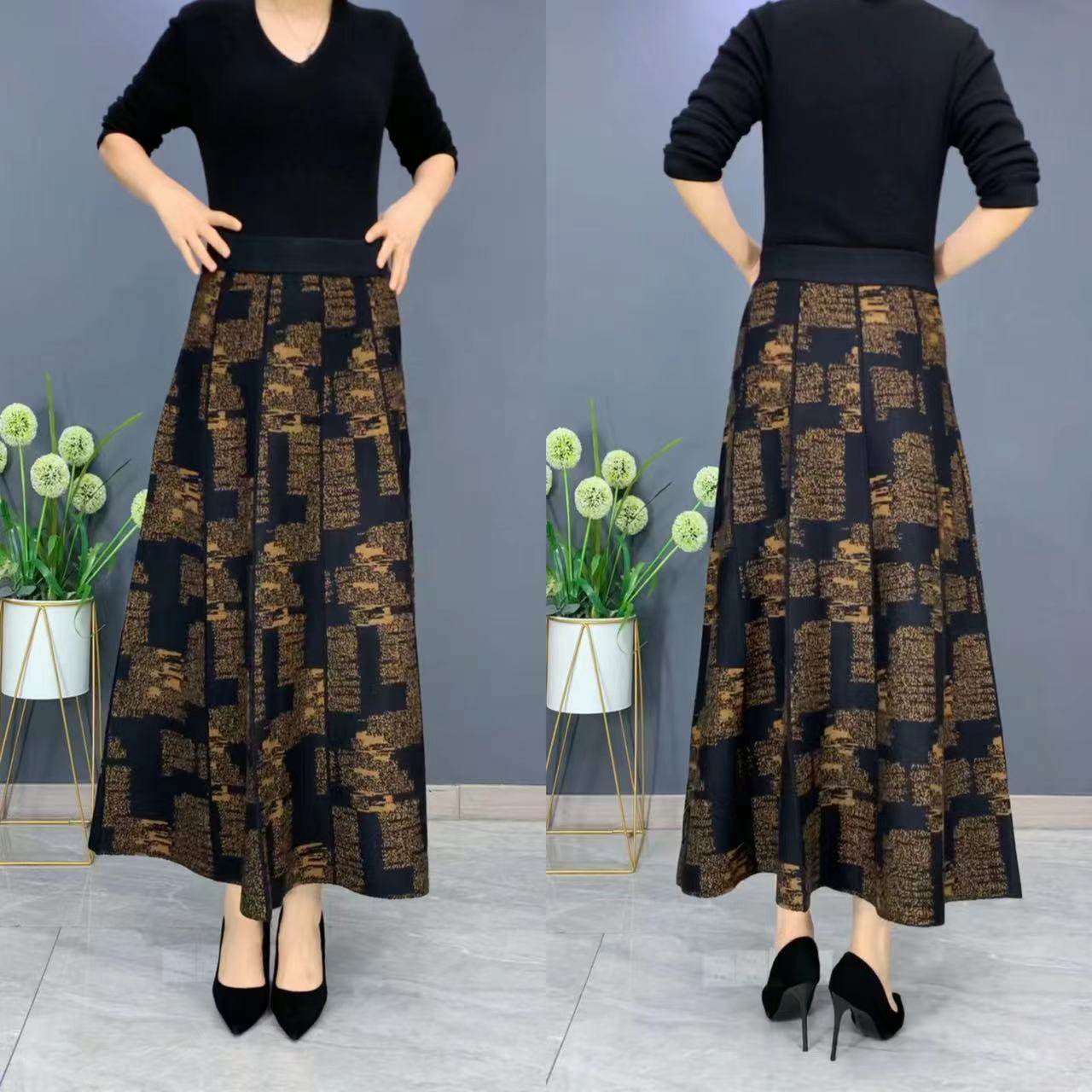 秋冬羊毛半身裙女士大摆高腰加厚保暖花色a字裙中老年妈妈款长裙