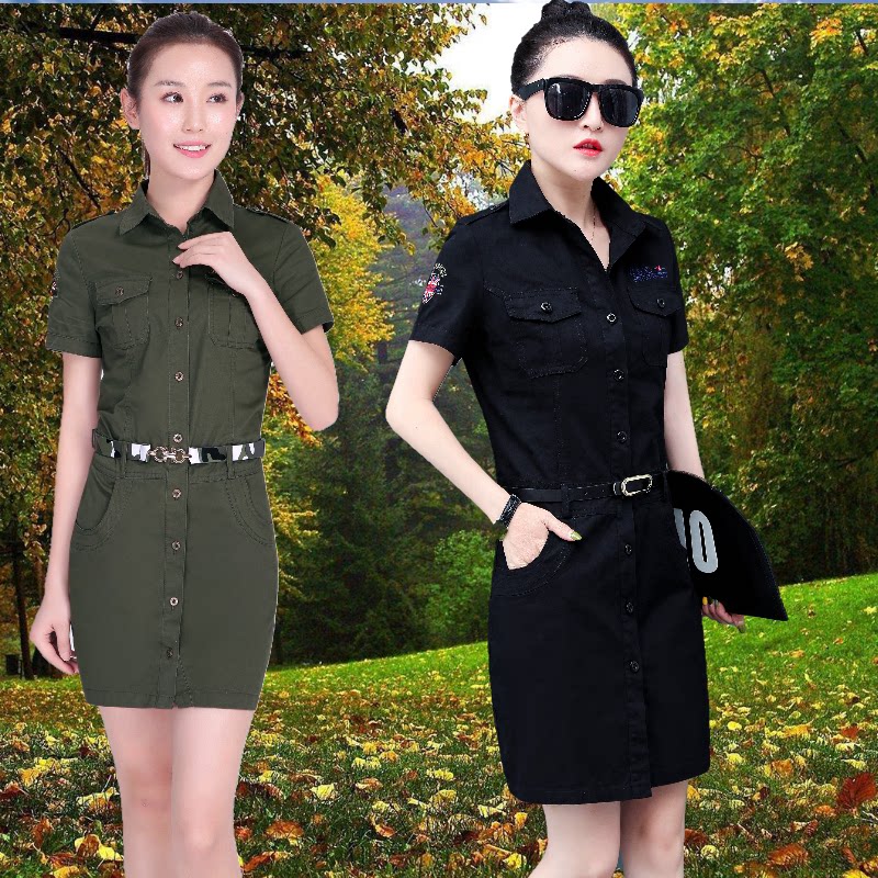翻领短袖军绿连衣裙女式军装2020夏装性感一步连衣裙
