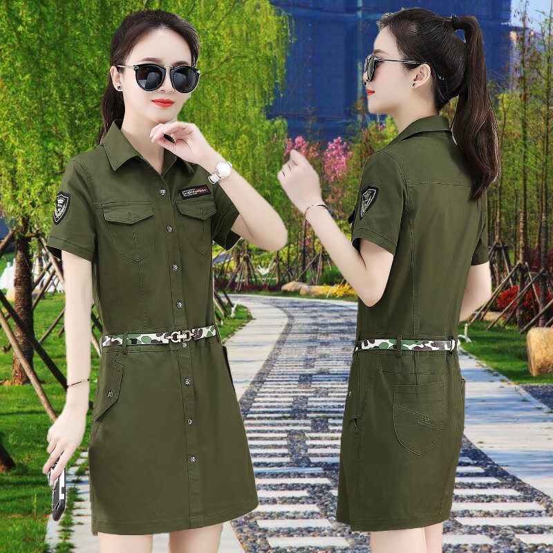 军绿短袖连衣裙一步裙韩版修身军装2021夏装新款连衣裙