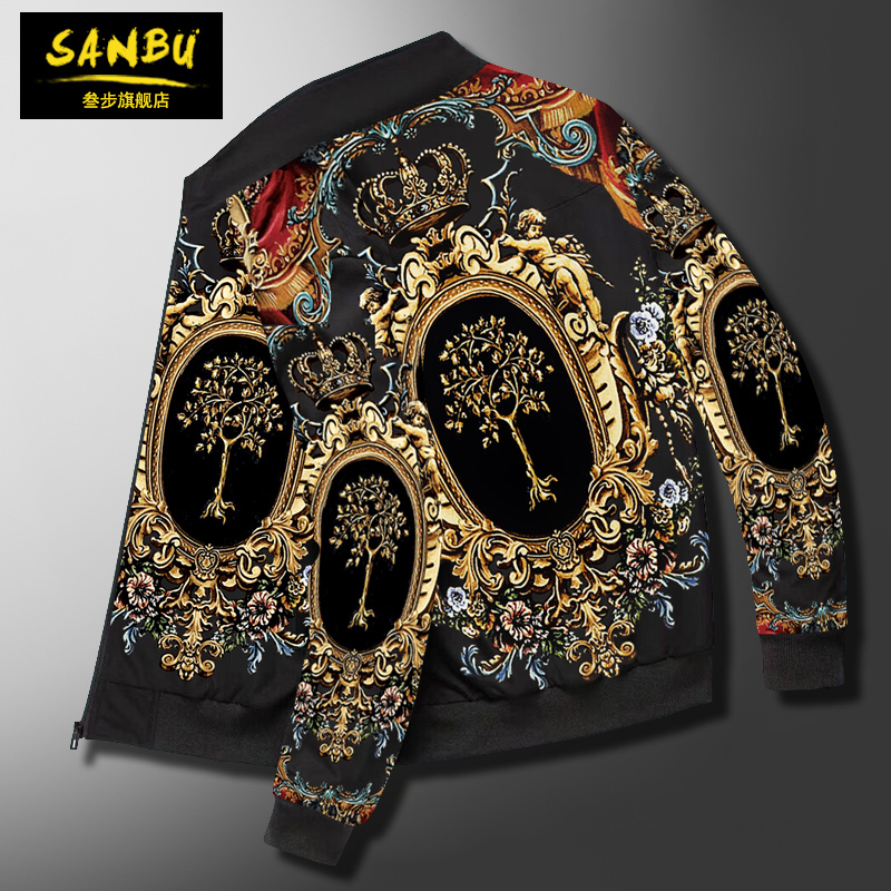 2022秋冬季新款韩版潮流男士夹克复古印花棒球服休闲运动外套男装