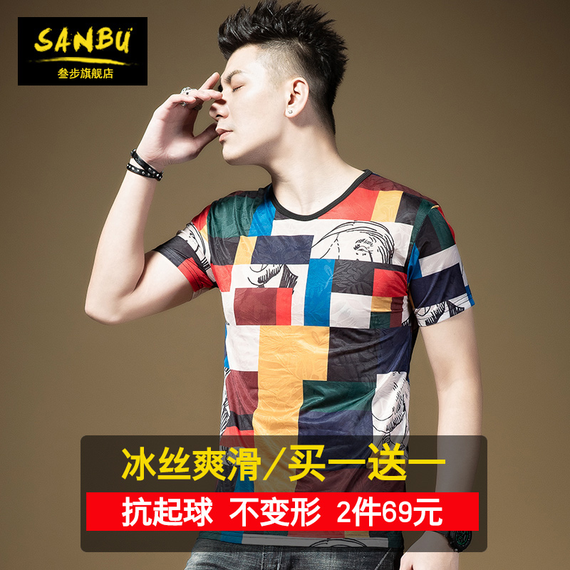 2022短袖t恤男士圆领韩版潮流印花网红彩色格子衣服潮牌男半袖衫