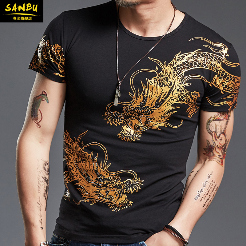 春夏季男士短袖t恤纹龙纯棉打底衫男装圆领体恤纹身印花T恤潮牌