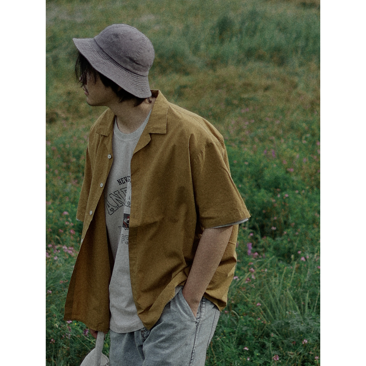 危机青年薄款古巴领衬衫短袖男新款夏季日系复古宽松衬衣外套T恤