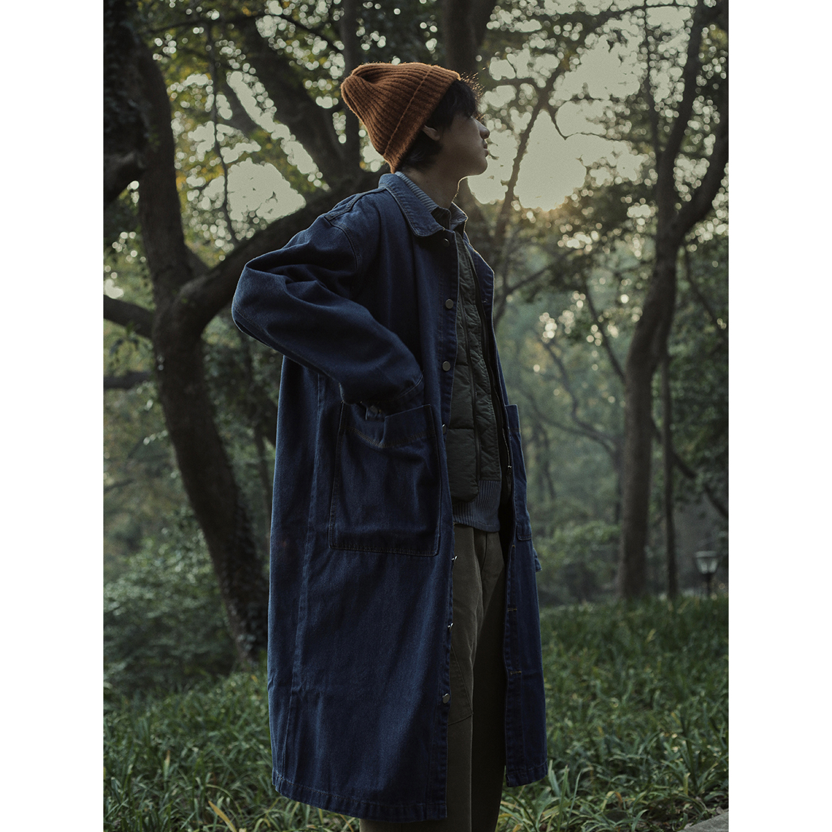 危机青年日系简约中长款牛仔风衣男复古宽松休闲过膝外套外衣大衣