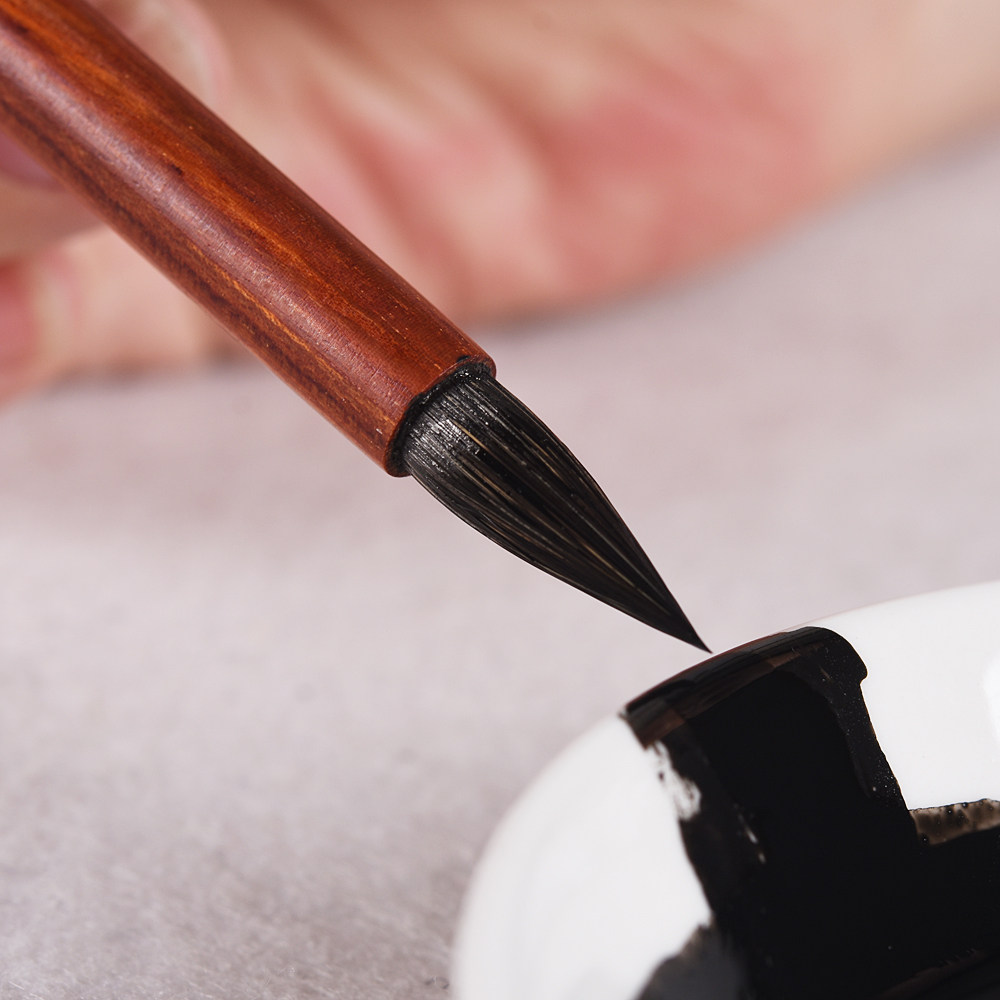 三花纯紫毫小楷毛笔抄经临摹山野兔毫大中小楷红木带笔套便携毛笔