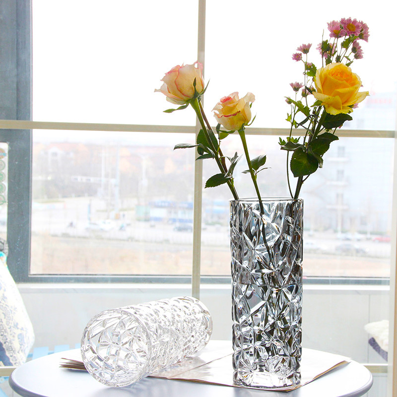 水晶晶钻石大号圆柱形玻璃花瓶透明插干鲜花百合花瓶