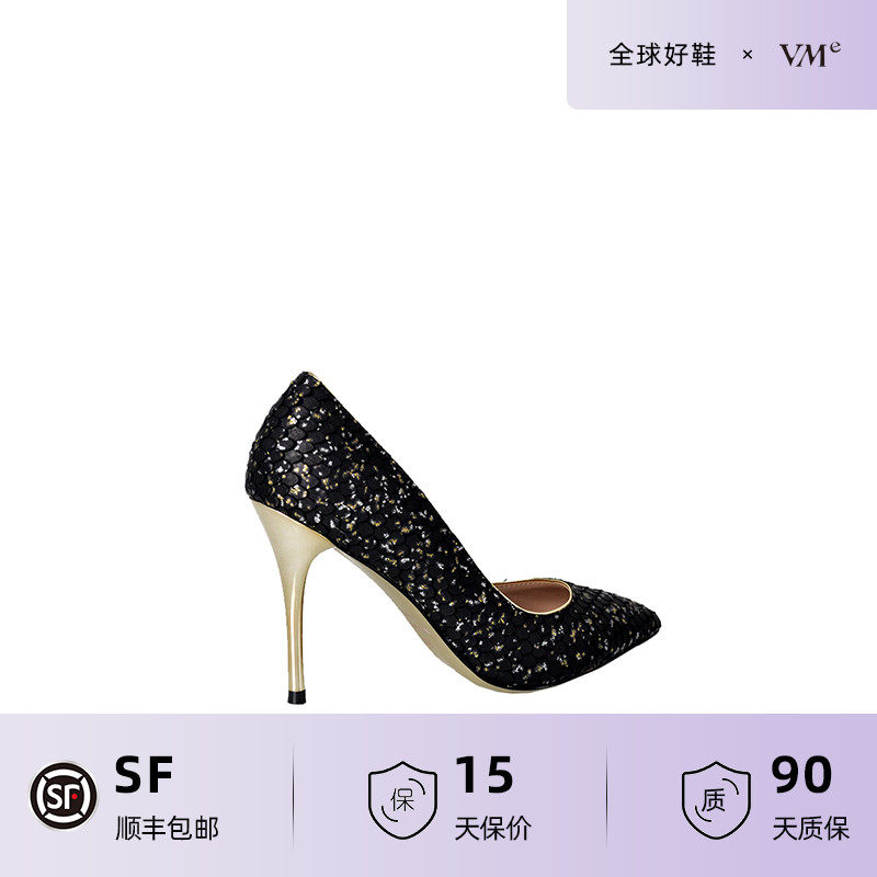 vme舞魅小香风细中高跟黑色真皮金色亮片浅口单鞋