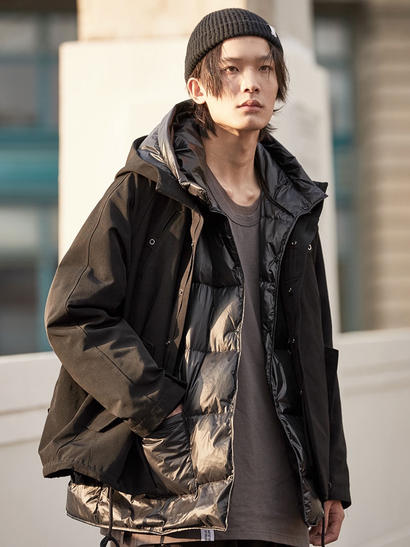 DECESOLO日系复古可拆卸白鸭绒羽绒服男冬两件套连帽加厚外套