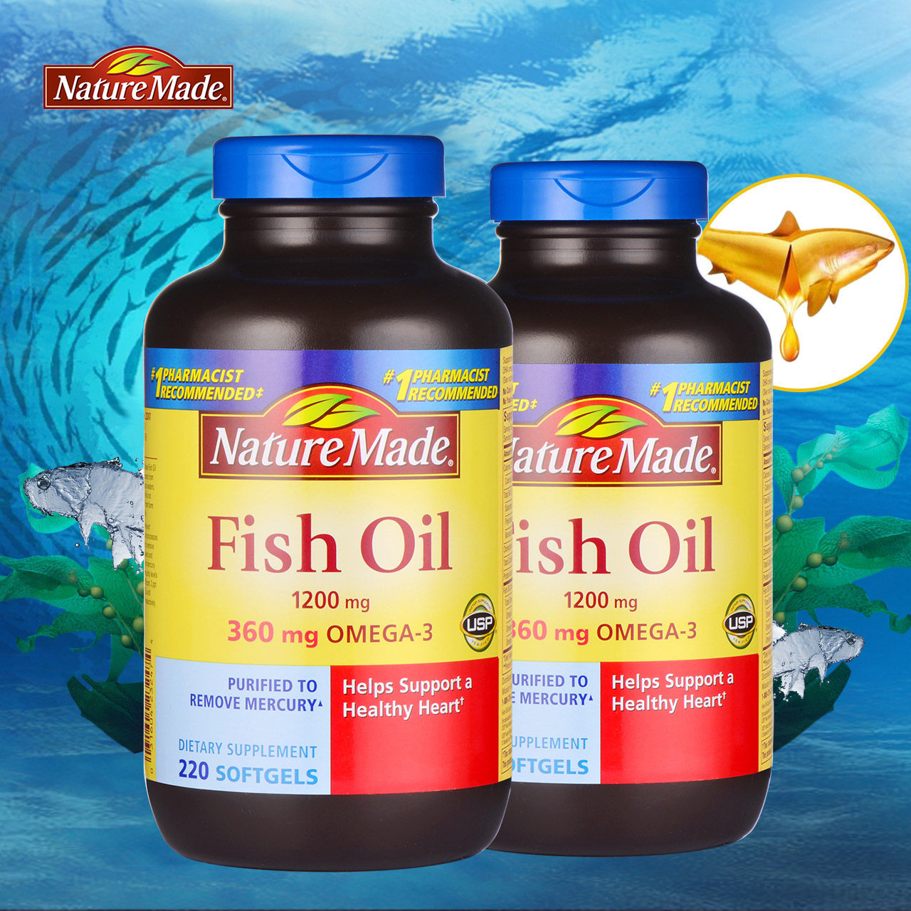 nature made深海鱼油软胶囊2瓶 美国原装鱼油dha欧米伽3成人补脑