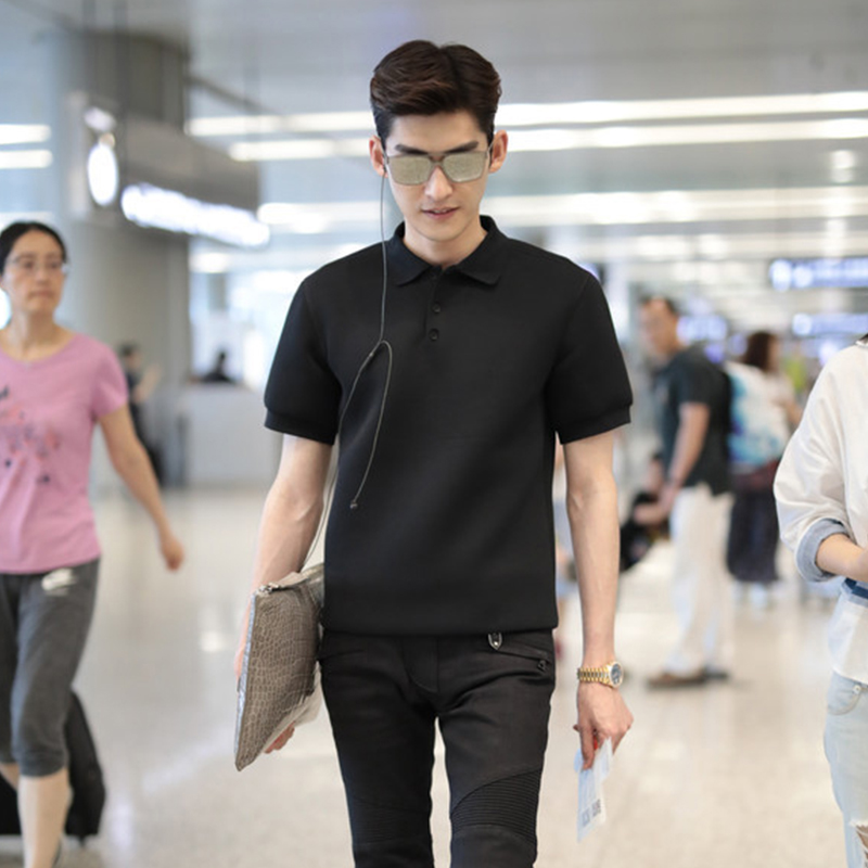 男士2022夏季埃及长绒棉张翰街拍同款纽扣修身针织POLO衫短袖T恤