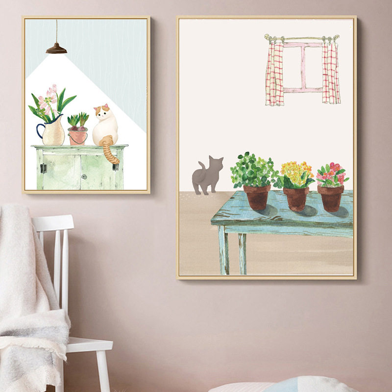 客厅装饰画沙发背景墙阳台挂画猫咪墙壁壁画三联现代装饰画