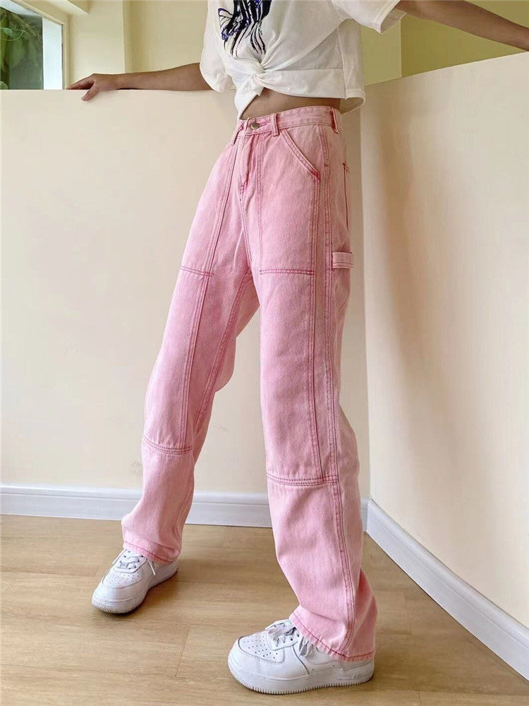 粉色牛仔裤女直筒高腰裤子妹妹大码女装夏装2022大码女装