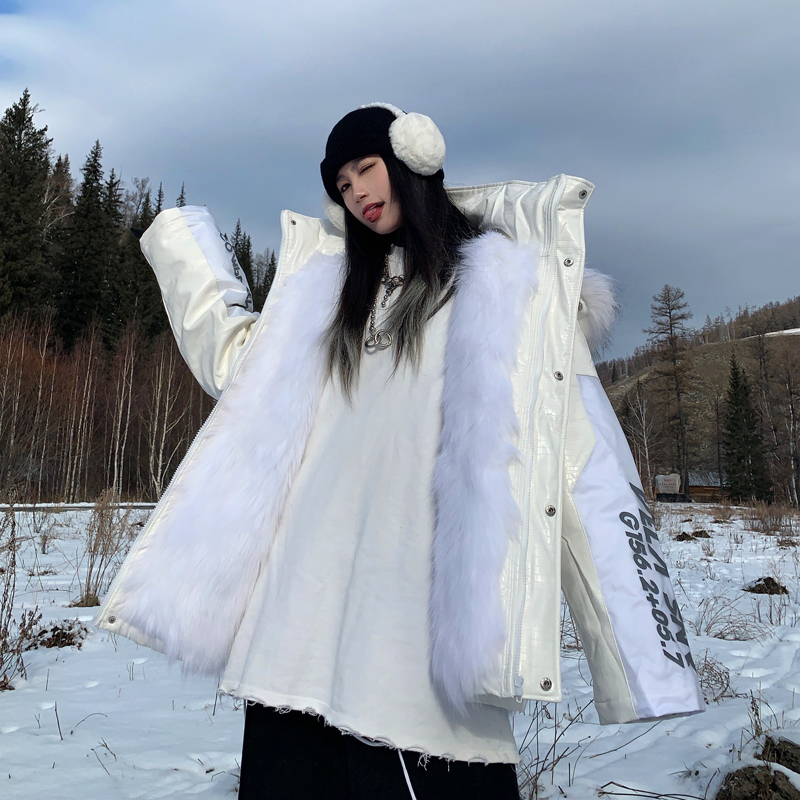 HTCU鳄鱼纹拼接透明3m反光雕王皮草外套嘻哈情侣宽松加厚棉服大衣