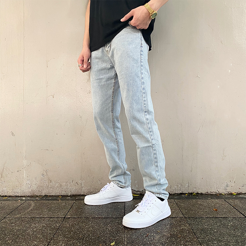 潮牌百搭基础款浅色直筒牛仔裤宽松复古小脚堆积感嘻哈美式长裤男