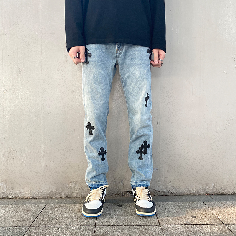 欧美高街贴皮十字架毛边修身直筒牛仔裤男潮牌嘻哈vibe风休闲长裤