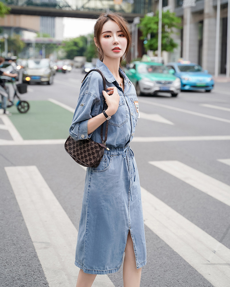 韩可儿收腰连衣裙牛仔裙裙子薄款开叉气质显瘦新款连衣裙