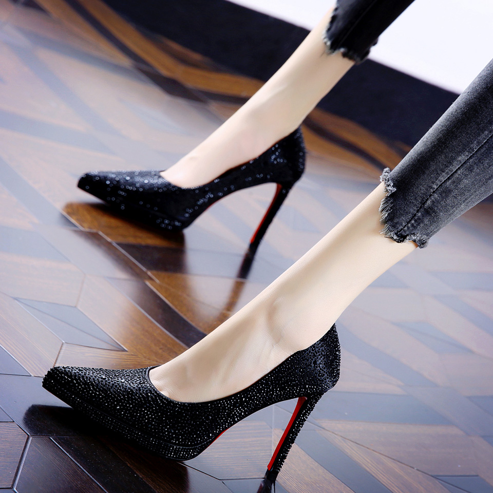 欧洲站尖头水钻超高高跟鞋2021春季新款细跟防水单鞋