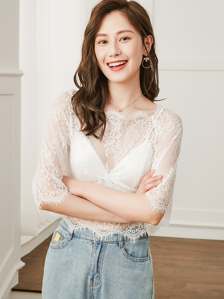黑色蕾丝上衣女夏短袖镂空打底短款吊带罩衫蕾丝衫