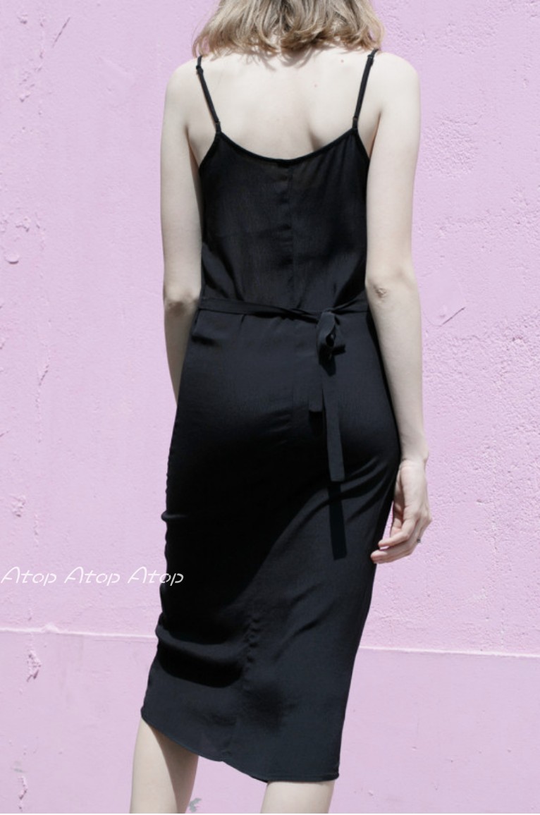 brandymelville美国bm黑色长款纯色光滑吊带连衣裙连衣裙