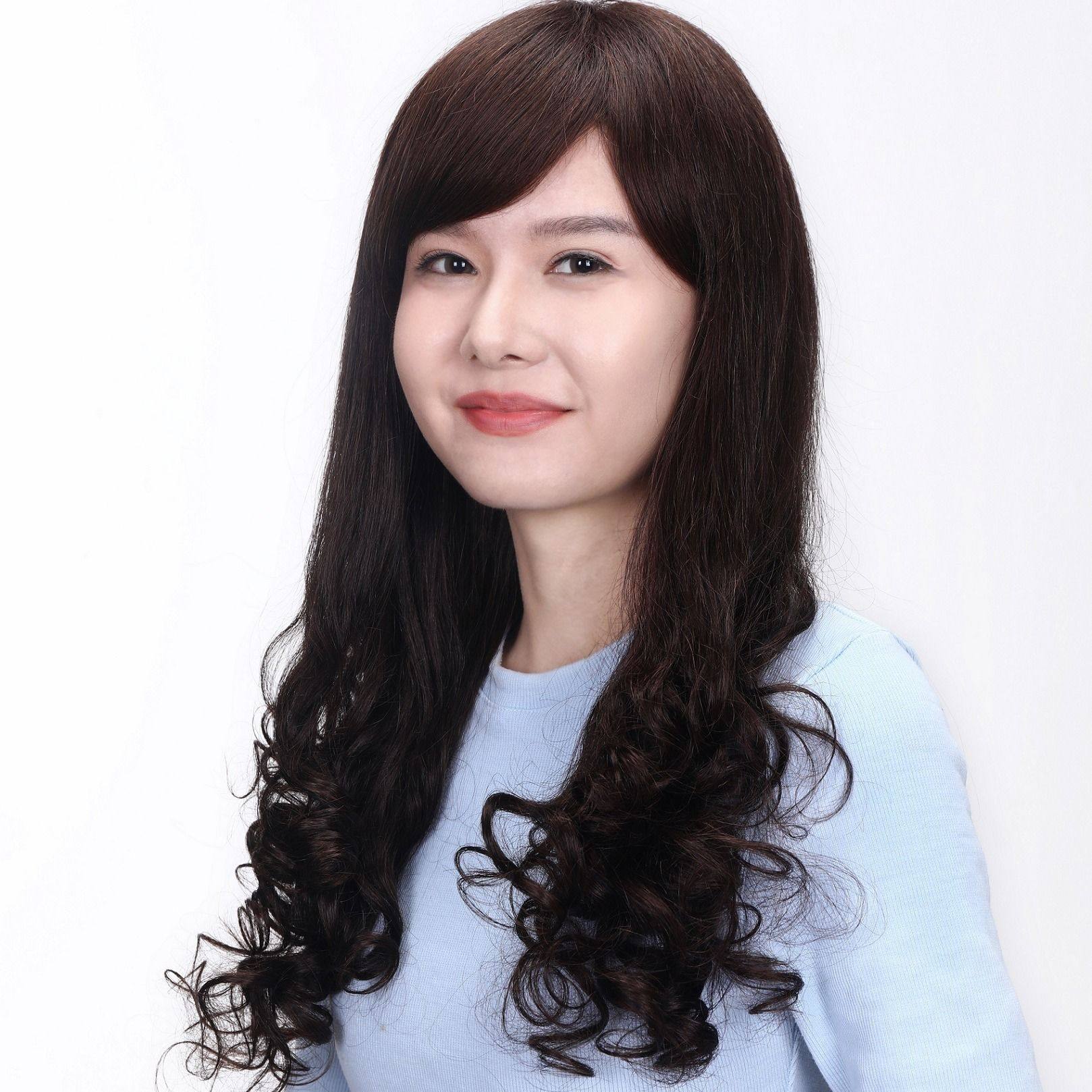 假发长发齐斜刘海真人发丝头套修脸梨花烫时尚日常整顶假发