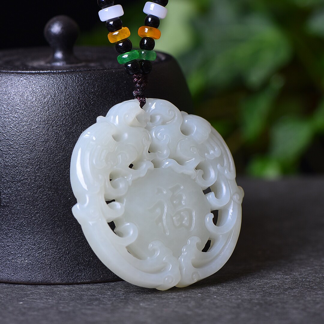 阿里拍卖捡漏新疆和田白玉羊脂玉双凤福字吊坠项坠