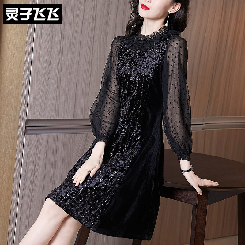 秋装2020年新款赫本风小黑裙轻奢名媛气质长袖网纱金丝绒连衣裙女