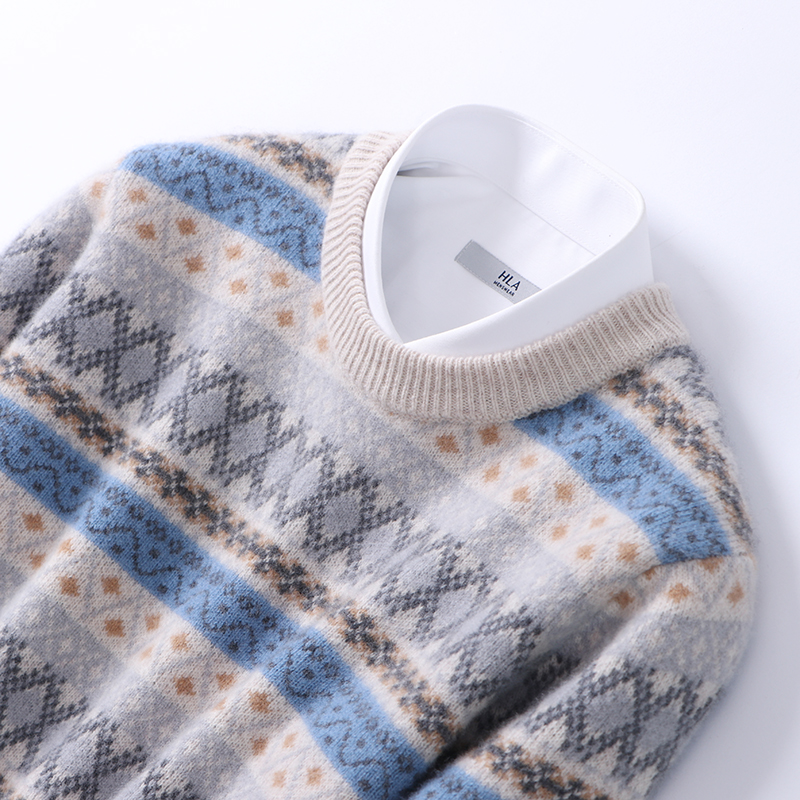 100%纯羊毛衫男圆领加厚条纹毛衣宽松青年拼色打底衫针织羊绒衫潮