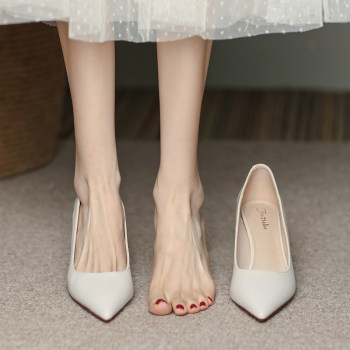 Sheepskin off-white pointed toe high heels women's heels thick 5 cm 2024 new style non-tiring feet 7 cm interview shoes