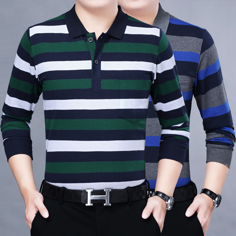 春夏季棉质POLO衫男士翻领中老年长袖子T恤爸爸装宽松条纹打底衫