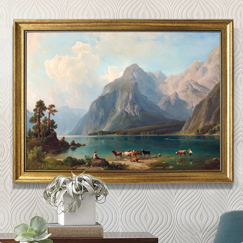 挂画欧式客厅油画美式古典山水风景装饰画横板油画