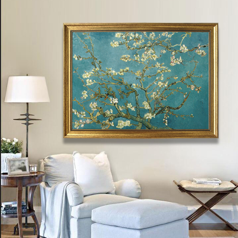 梵高油画作品樱花花蓝色调美式现代风格客厅世界名画油画