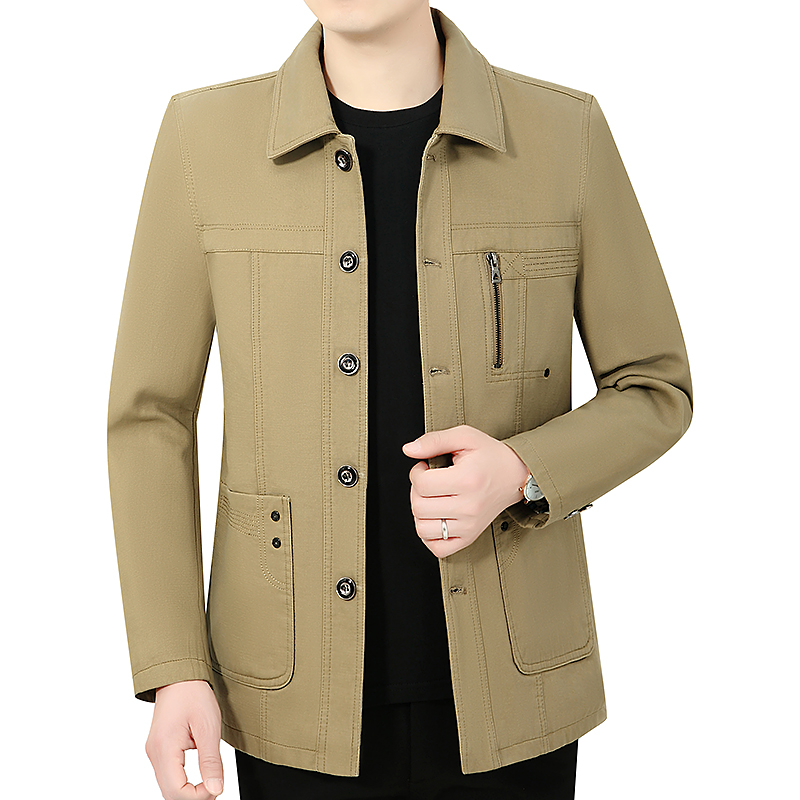 2022春秋季新款中老年男夹克衫爸爸薄款纽扣翻领外套男士纯棉上衣