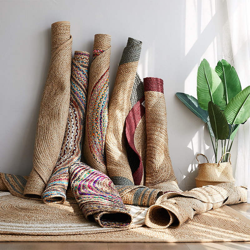 印度进口手工编织黄麻圆形地毯客厅茶几简约地毯