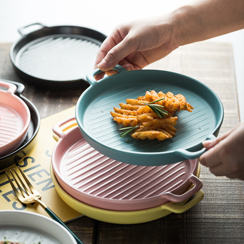 双耳圆形烤盘烤箱微波炉专用咖啡厅西餐餐盘甜品盘