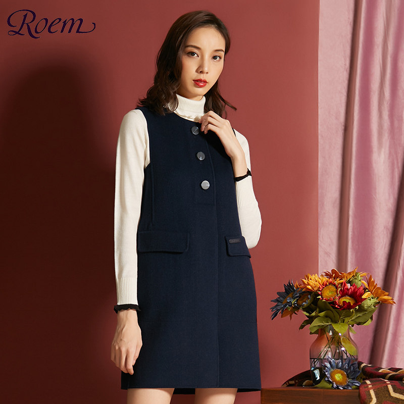 roem秋冬淑女羊毛连衣裙女装格子背心裙复古修身短裙rcow84t01c