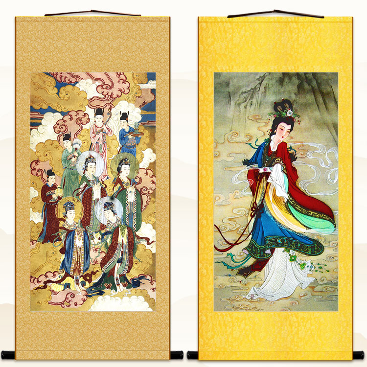古画版碧霞元君圣像图三霄娘娘众像画像绢布国画