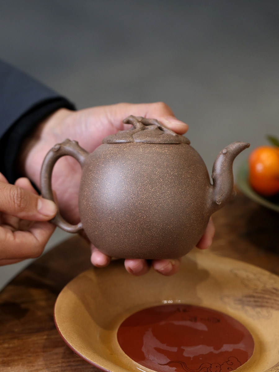 一水堂宜兴原矿全手工紫砂壶老青段泥木瓜壶370毫升形神古法成型 - 爱