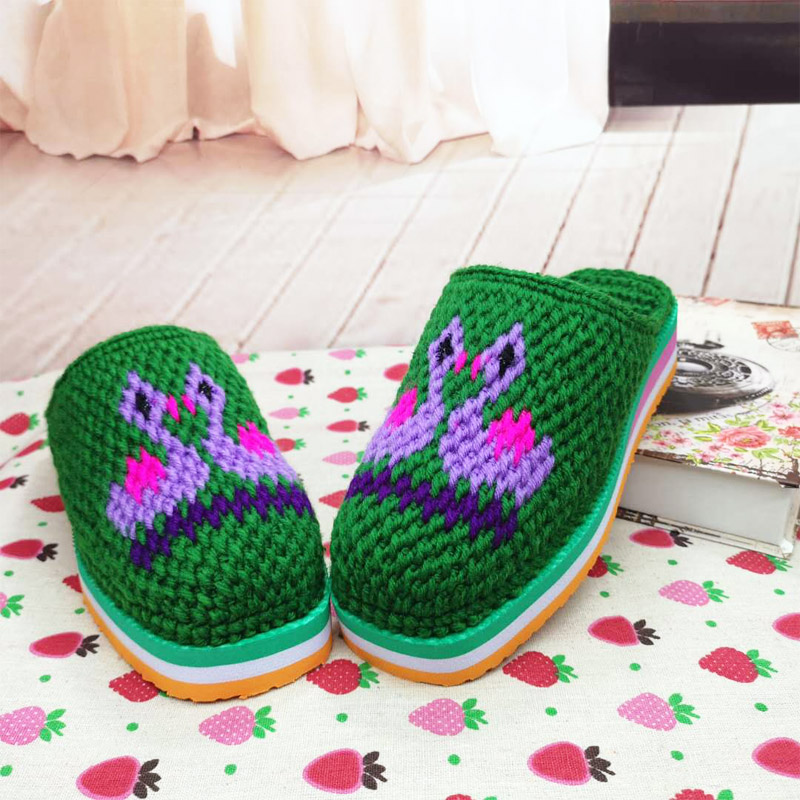 纯手工成品毛线拖鞋婚嫁娶红线紫色拖鞋男女情侣鞋成人居家大码