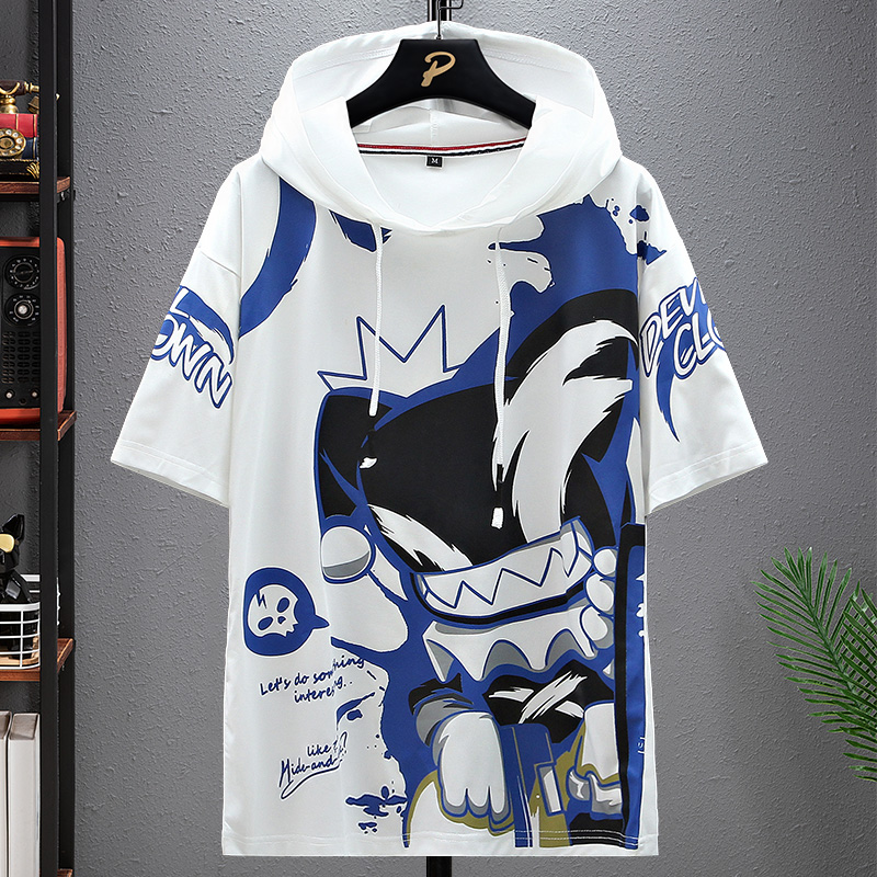 白色短袖卫衣男青少年连帽t恤男士黑色半袖夏装2021夏季新款男装