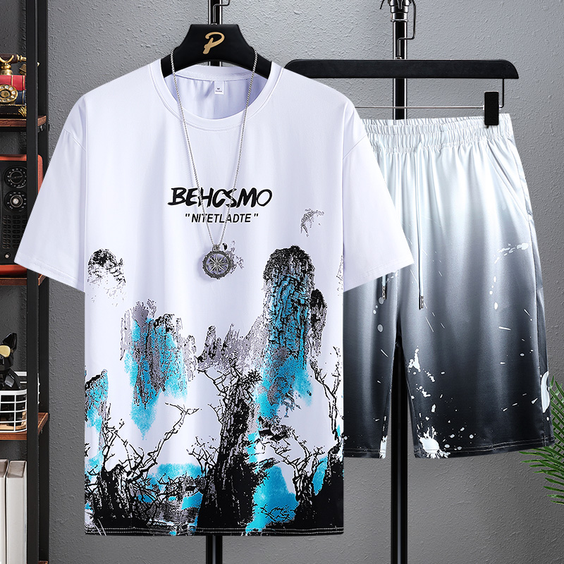 休闲运动套装男2022夏季冰丝连帽短袖上衣男士潮流帅气两件套搭配