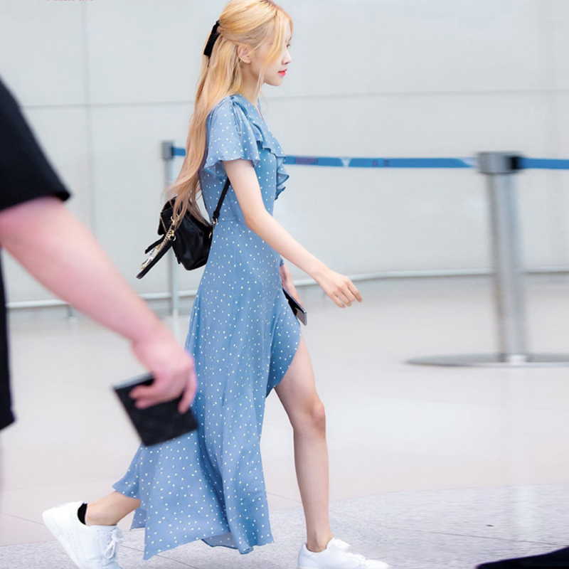 blackpink下摆雪纺荷叶连衣裙不规则蓝色rose连衣裙
