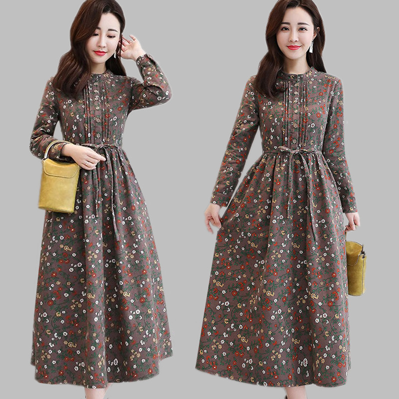 全棉碎花连衣裙女长袖中长裙春秋季气质磨毛纯棉中年妈妈打底裙子