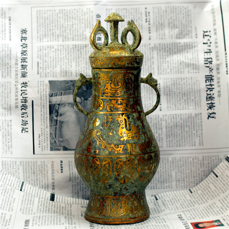 北京仿古青铜器错金三环圆瓶中式客厅玄关样板摆件