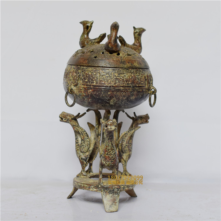 江苏仿古青铜器战汉时期三龙三凤熏炉古玩收藏摆件