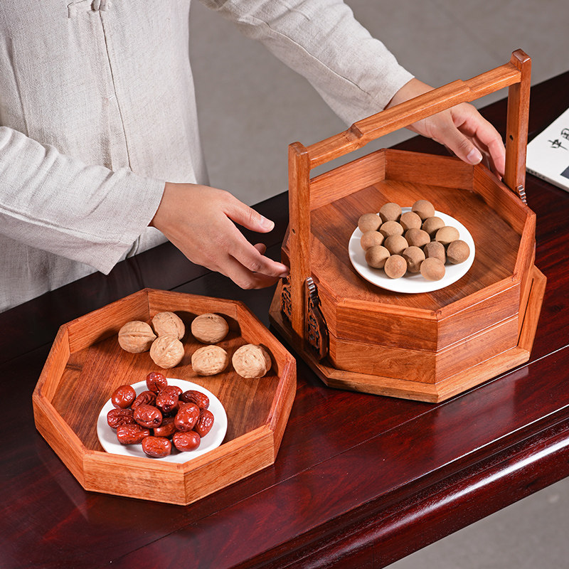 缅甸花梨木三层食盒手提篮多层大容量红木中式复古实木点心盒提盒