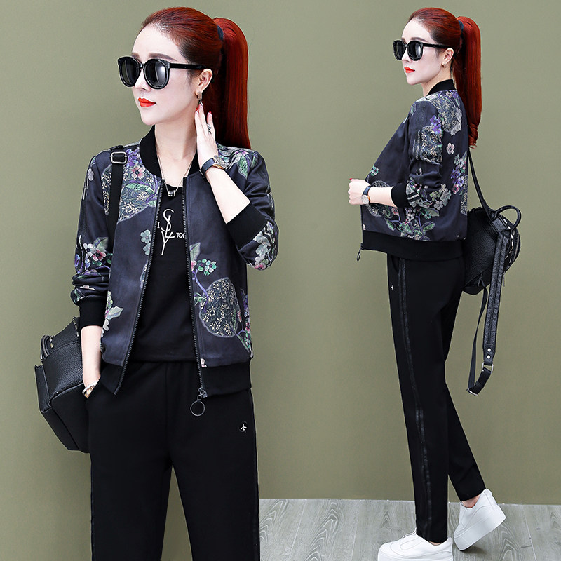 女士休闲套装2020春秋新款洋气女装花色运动服休闲运动套装