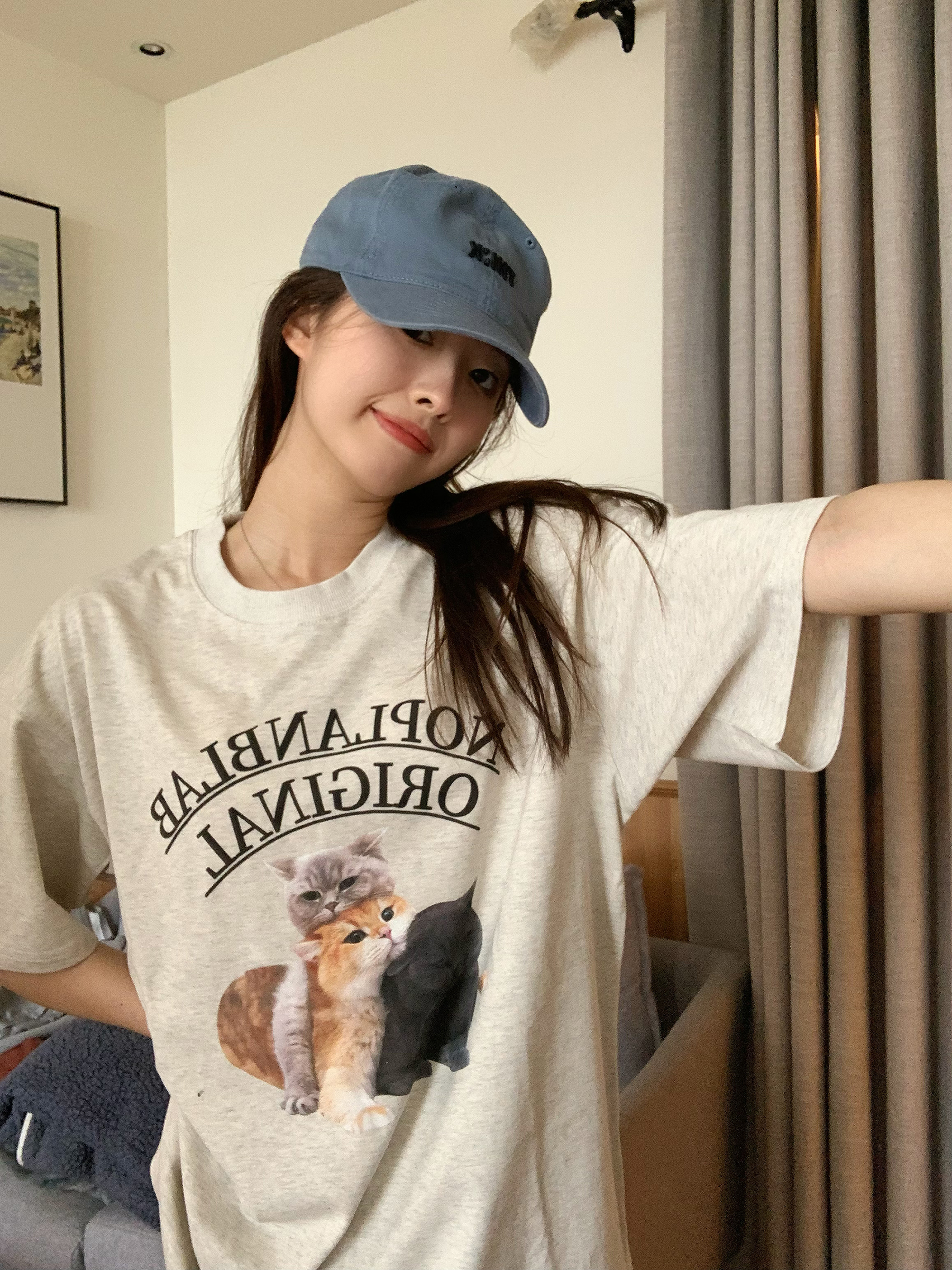 NOPLANB 春夏新款猫咪字母印花国潮情侣宽松半袖男女圆领T恤短袖